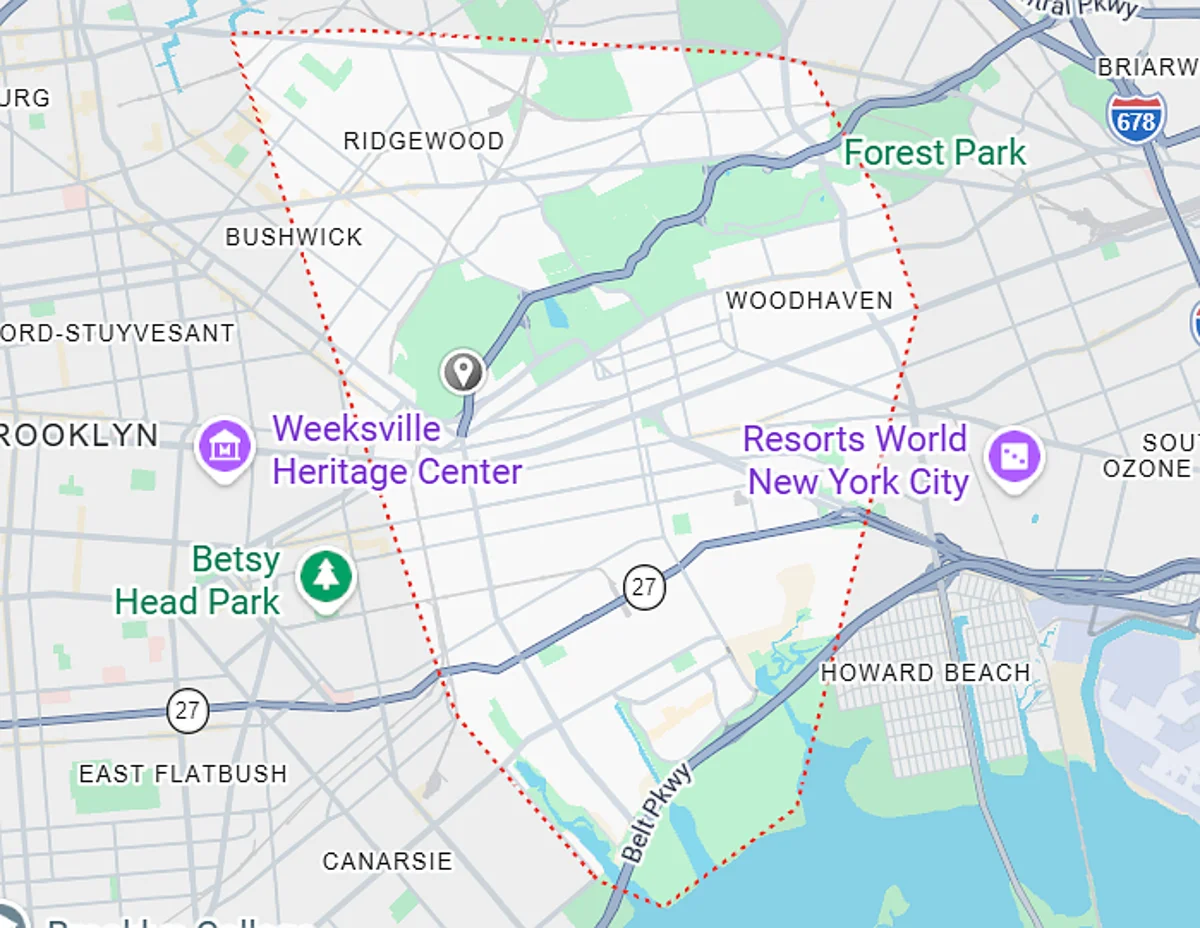 G-Plumbing service area map covering Ridgewood Woodhaven Glendale Cypress Hills East New York heat and hot water service