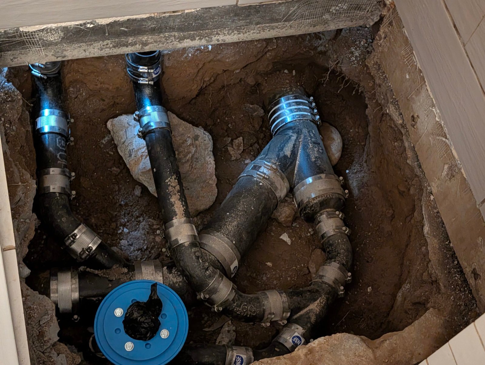 Shower drain repair with exposed plumbing piping by G-Plumbing
